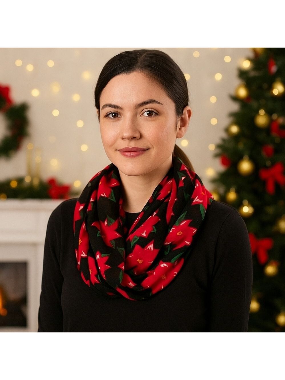 CVS Poinsettia Floral Black Red Infinity Scarf